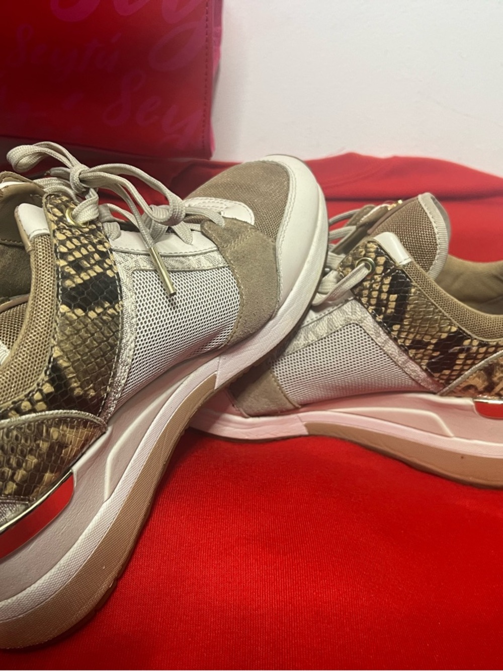 Michael Kors Beige, White & Snake-Print Platform Sneakers